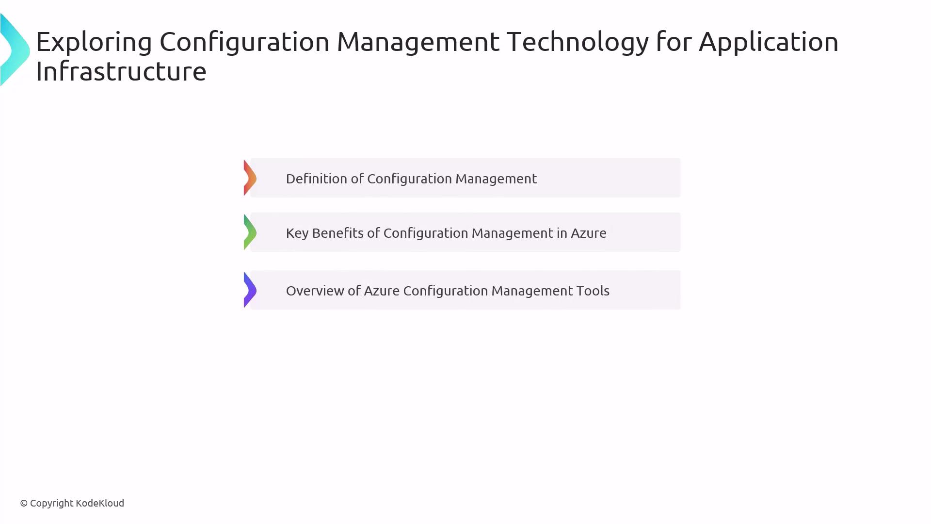 The image is a slide titled "Exploring Configuration Management Technology for Application Infrastructure," listing three topics: definition, key benefits in Azure, and an overview of Azure tools.