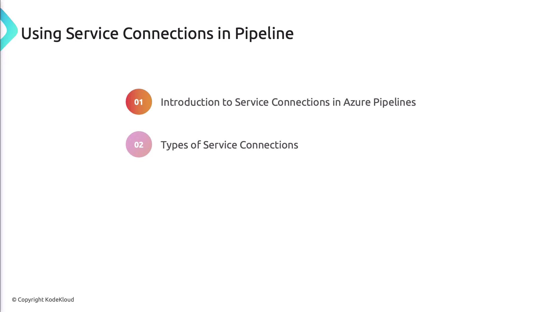 The image is a slide titled "Using Service Connections in Pipeline," listing two topics: "Introduction to Service Connections in Azure Pipelines" and "Types of Service Connections."
