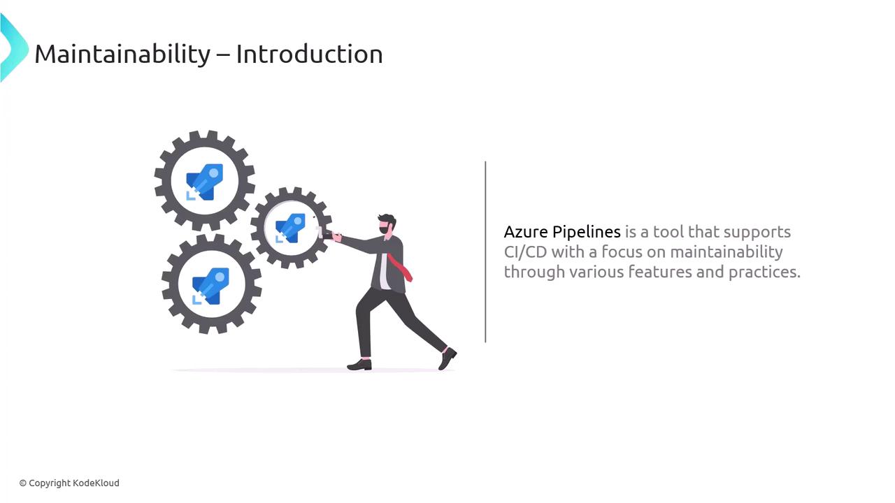 The image shows a person interacting with gears containing the Azure Pipelines logo, alongside text explaining that Azure Pipelines supports CI/CD with a focus on maintainability.