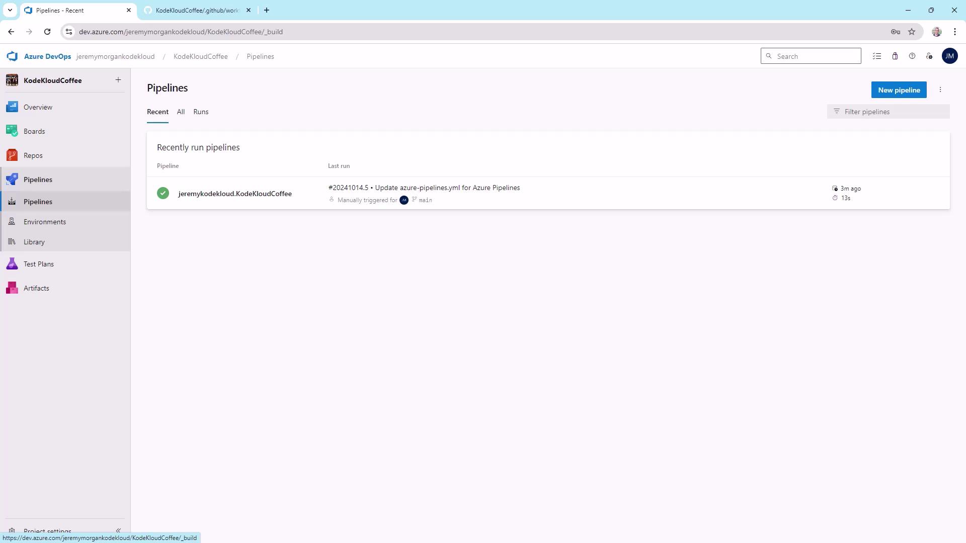 The image shows an Azure DevOps interface displaying a list of recently run pipelines, with one pipeline named "jeremykodekloud.KodeKloudCoffee" that was manually triggered and completed 3 minutes ago.