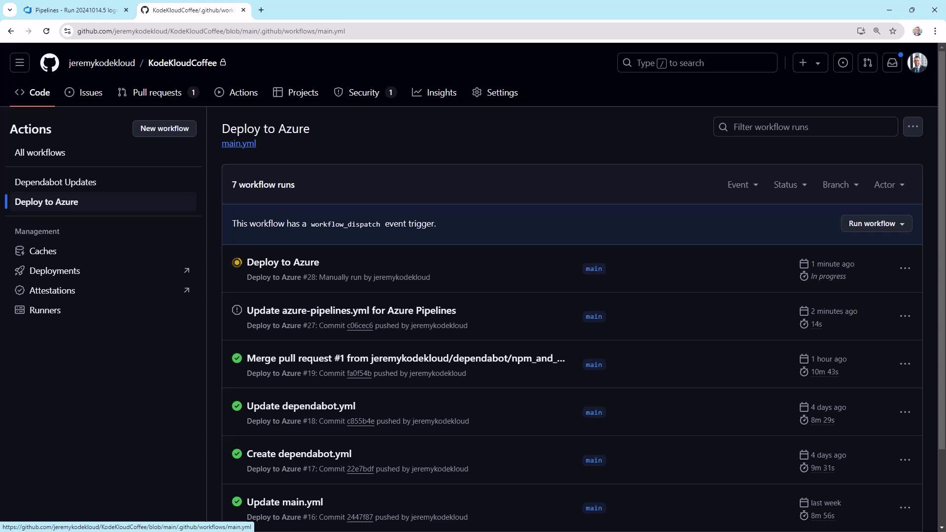 The image shows a GitHub Actions page for a repository named "KodeKloudCoffee," displaying workflow runs for "Deploy to Azure" with various statuses and timestamps.