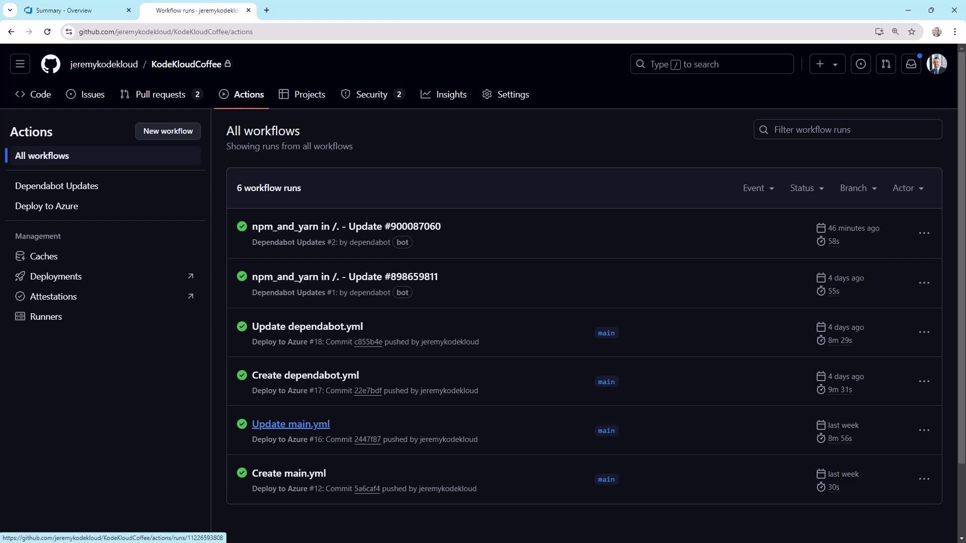 The image shows a GitHub Actions page for the "KodeKloudCoffee" repository, displaying a list of workflow runs with their statuses and details.