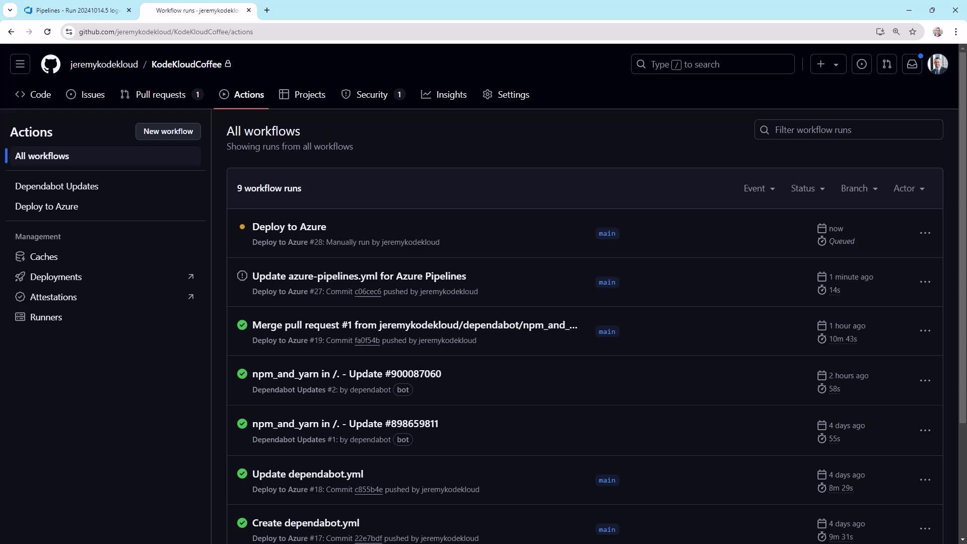 The image shows a GitHub Actions page displaying a list of workflow runs, including "Deploy to Azure" and updates to "azure-pipelines.yml."