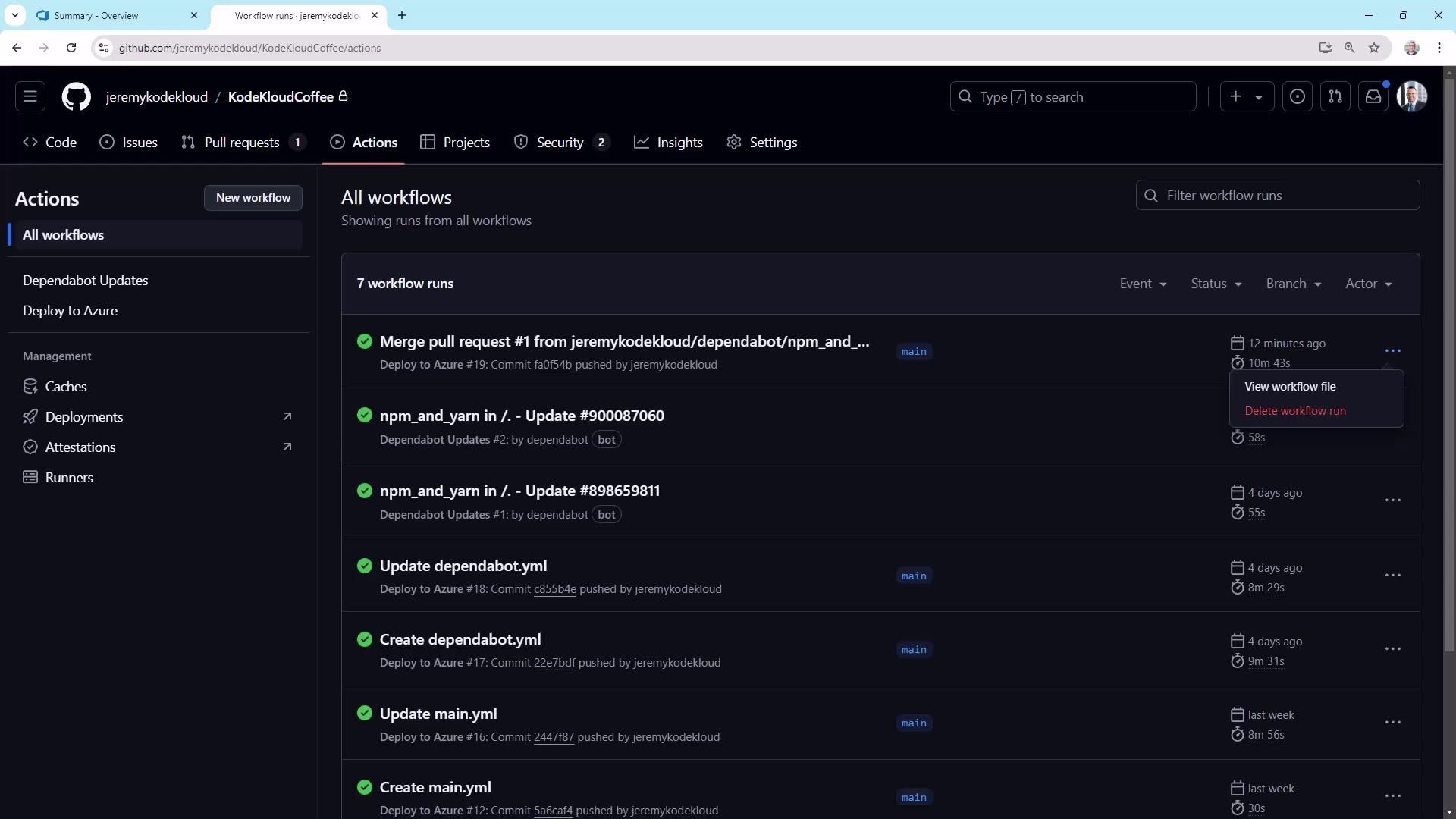 The image shows a GitHub Actions page displaying a list of workflow runs for a repository, with details such as event types, status, and timestamps.