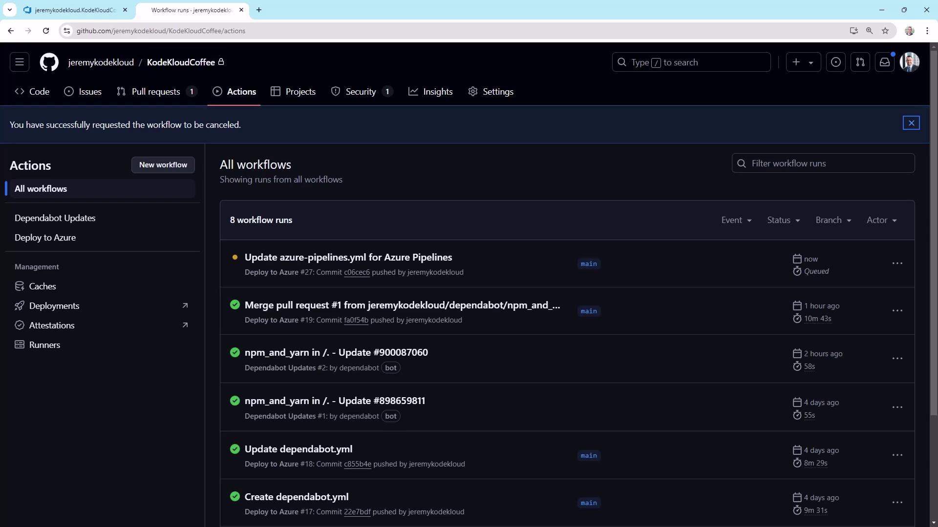 The image shows a GitHub Actions page displaying workflow runs for a repository, with details such as event, status, branch, and actor.