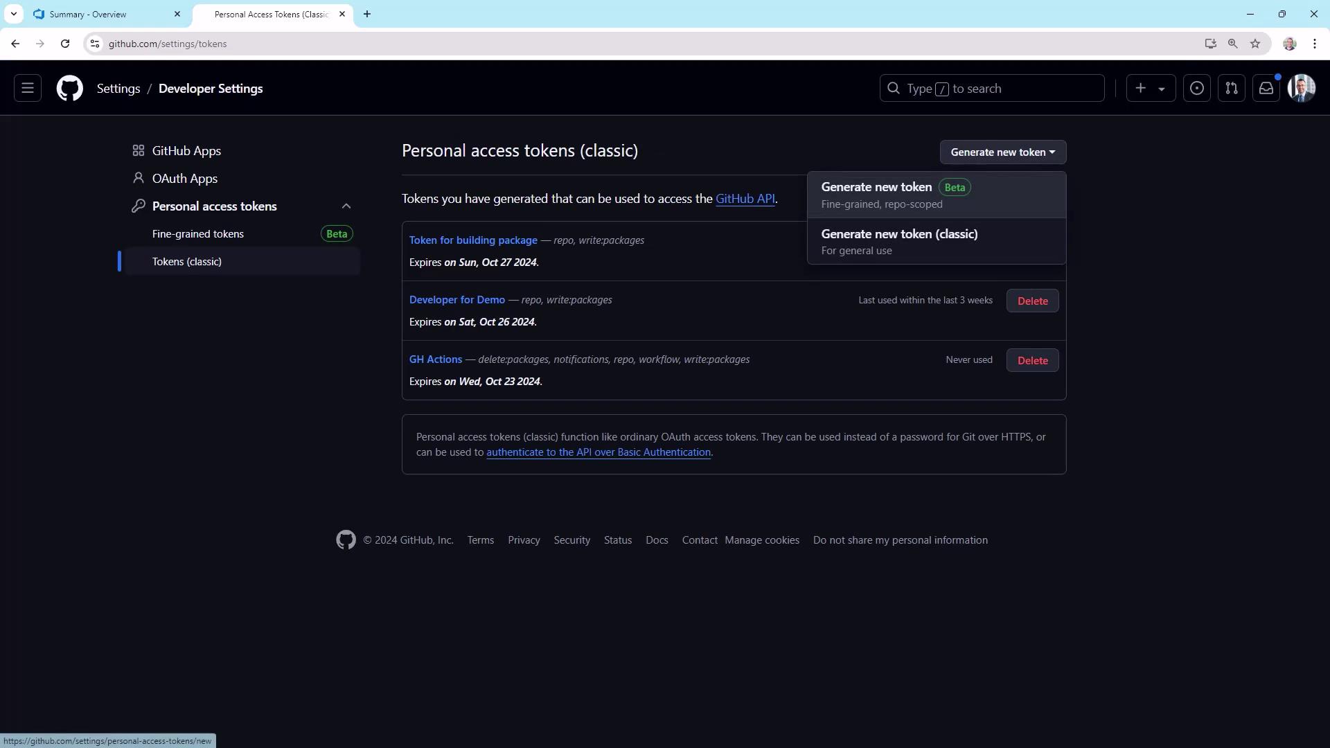 The image shows the GitHub Developer Settings page for managing personal access tokens, with options to generate new tokens and a list of existing tokens with their expiration dates.