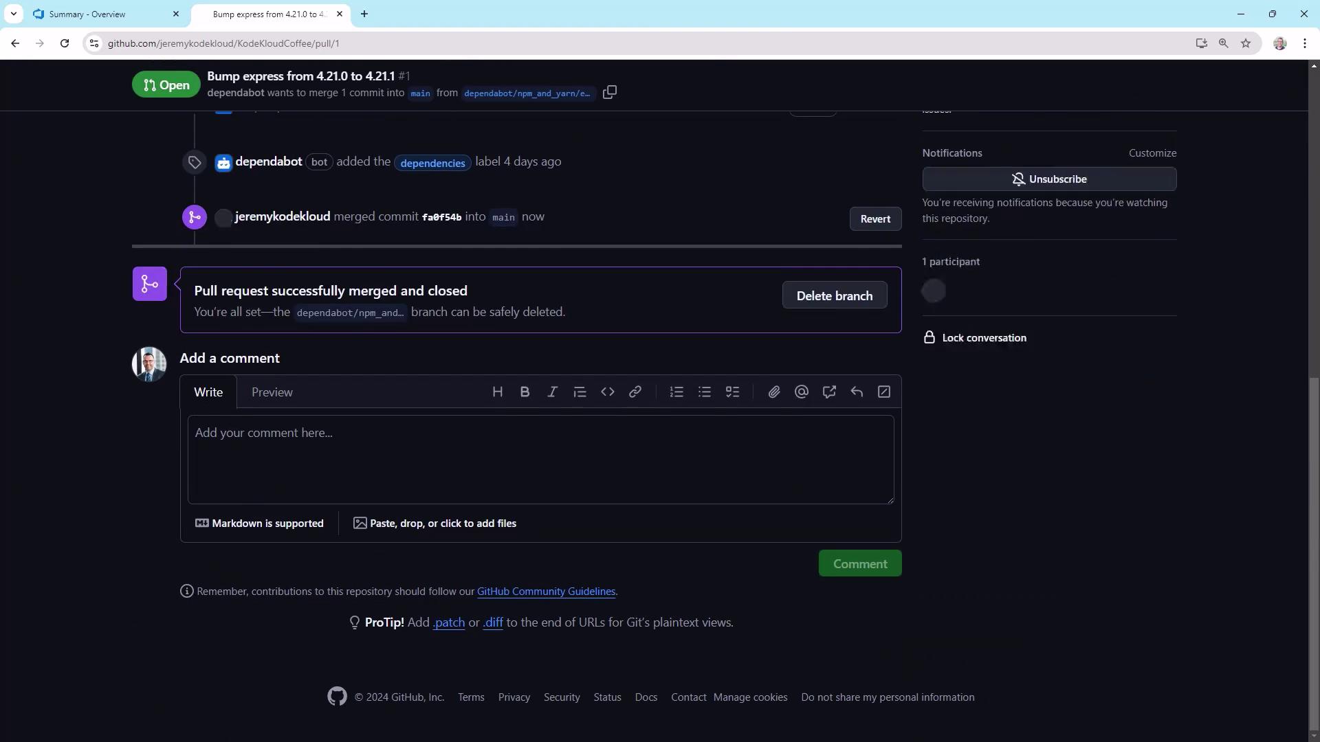 The image shows a GitHub pull request page where a pull request has been successfully merged and closed. There is an option to delete the branch, and a section to add comments.