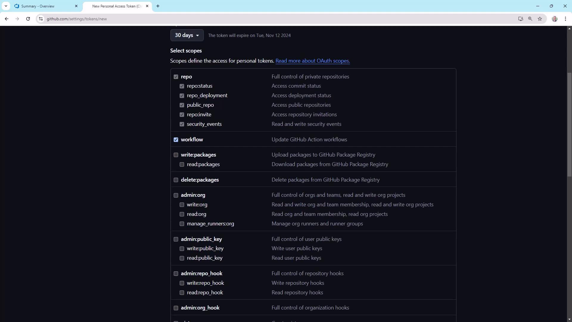 The image shows a GitHub settings page for creating a new personal access token, with various scopes and permissions options available for selection.