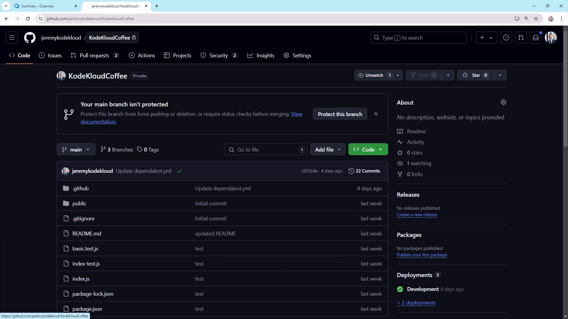 The image shows a GitHub repository page named "KodeKloudCoffee," which is private and contains several files and folders. The main branch is not protected, and there are 22 commits listed.