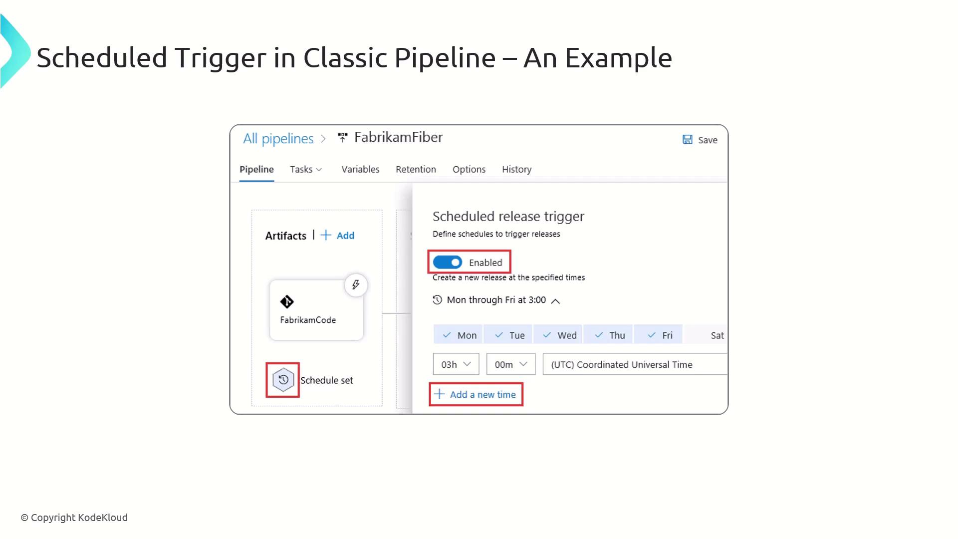 The image shows a screenshot of a scheduled trigger setup in a classic pipeline, with options to enable the trigger and set specific days and times for release. It includes a section for adding new times and displays the current schedule as Monday through Friday at 3:00 AM UTC.