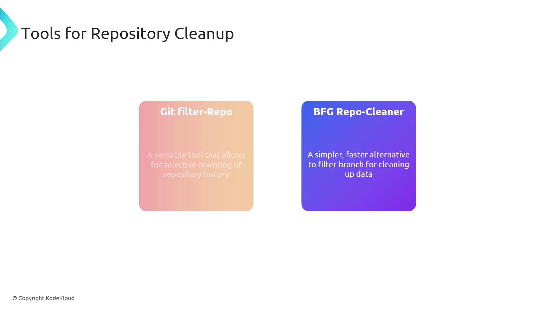 The image lists two tools for repository cleanup: "Git filter-repo" and "BFG Repo-Cleaner," each with a brief description of their functions.