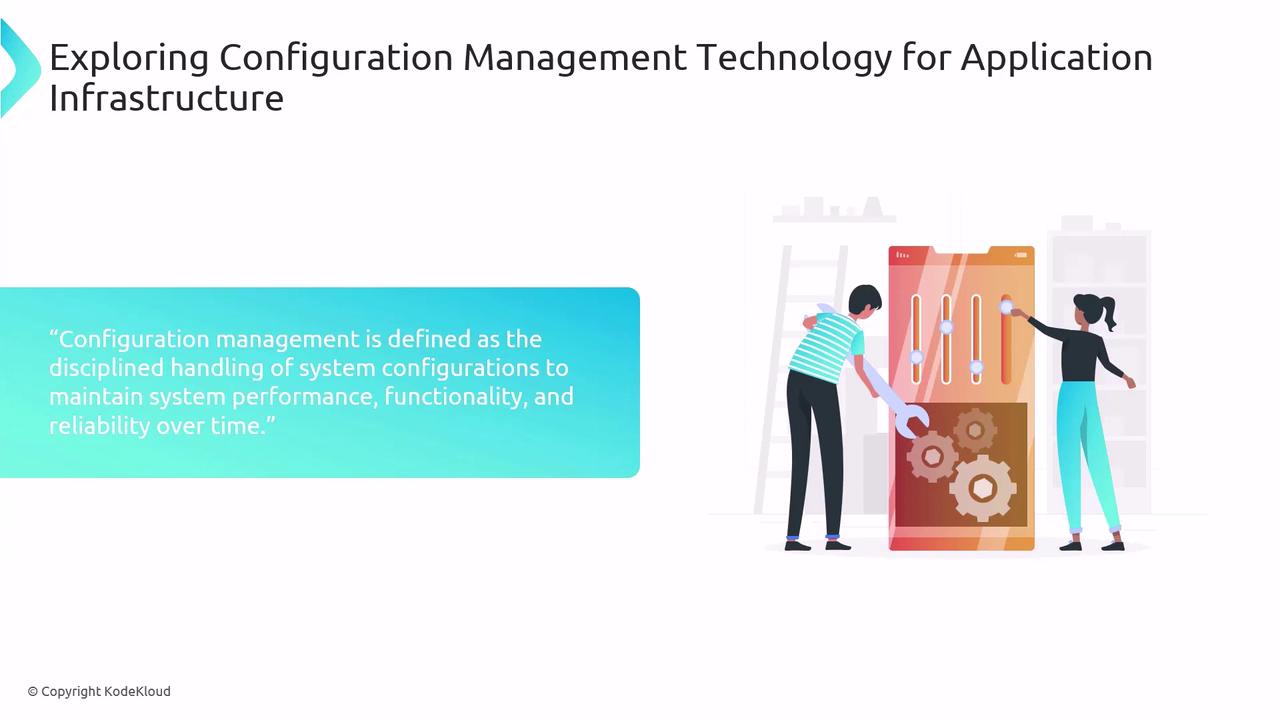 The image is a presentation slide about configuration management technology for application infrastructure, featuring an illustration of two people adjusting controls on a large panel with gears. A quote defines configuration management as handling system configurations to maintain performance, functionality, and reliability.