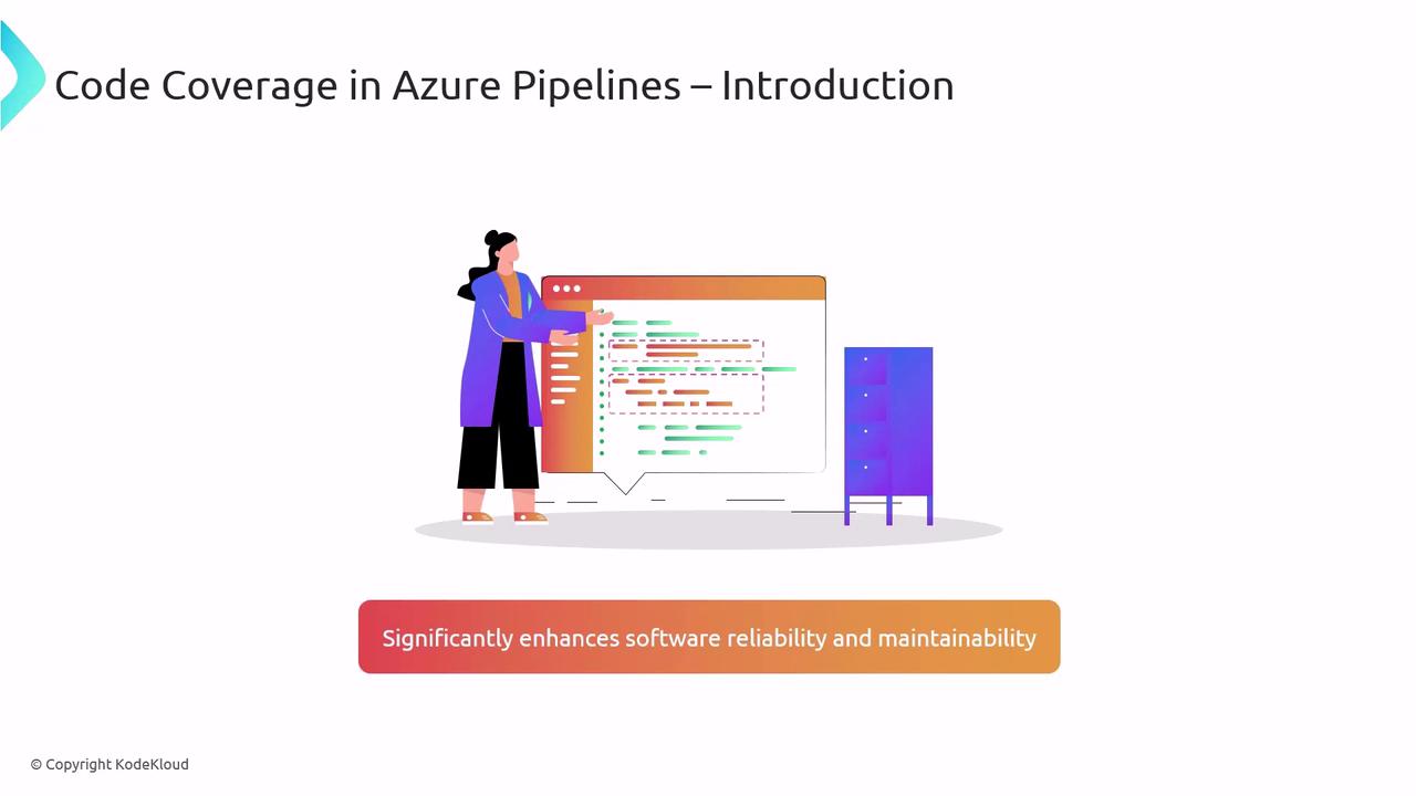 The image is an illustration showing a person interacting with a large screen displaying code, accompanied by the text "Code Coverage in Azure Pipelines – Introduction." A caption below states, "Significantly enhances software reliability and maintainability."