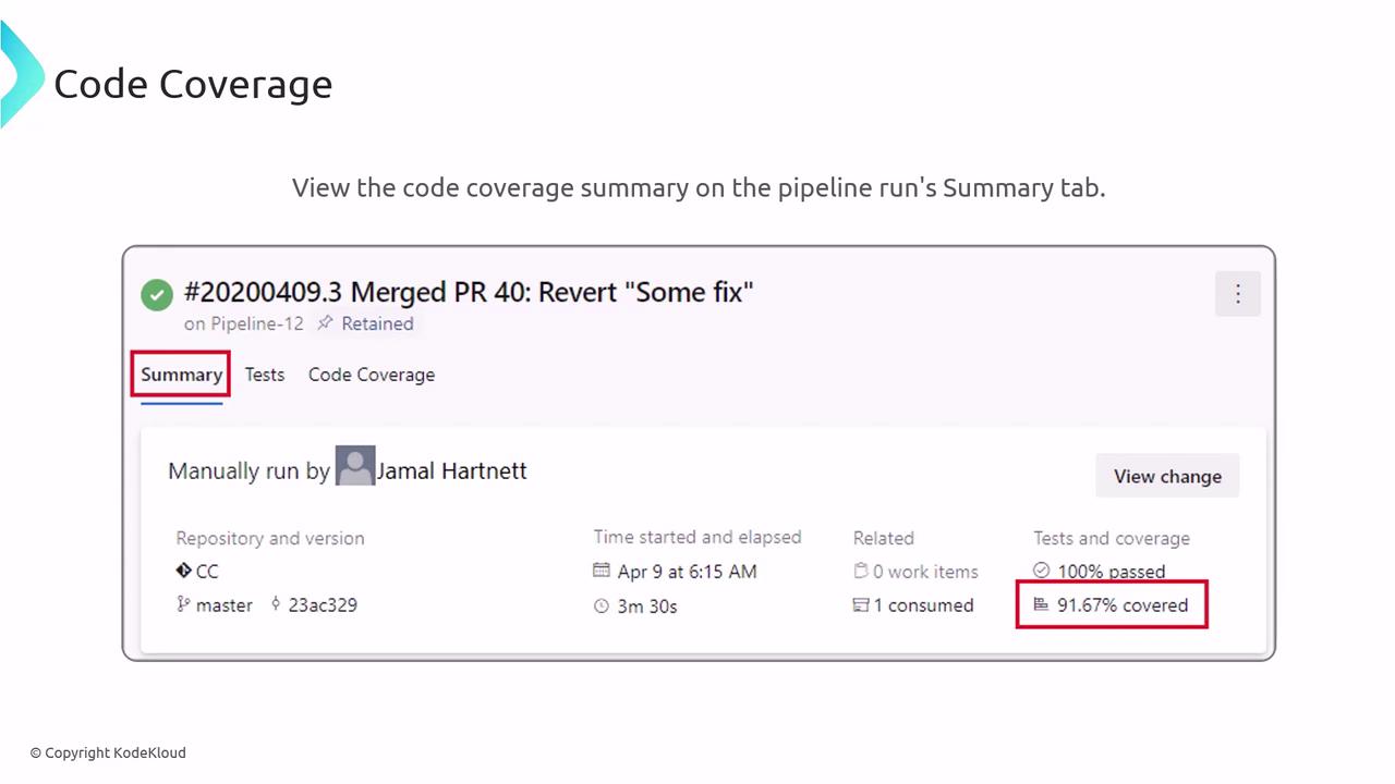 The image shows a code coverage summary from a pipeline run, indicating that 100% of tests passed and 91.67% of the code is covered. It includes details like the repository version and the time elapsed.