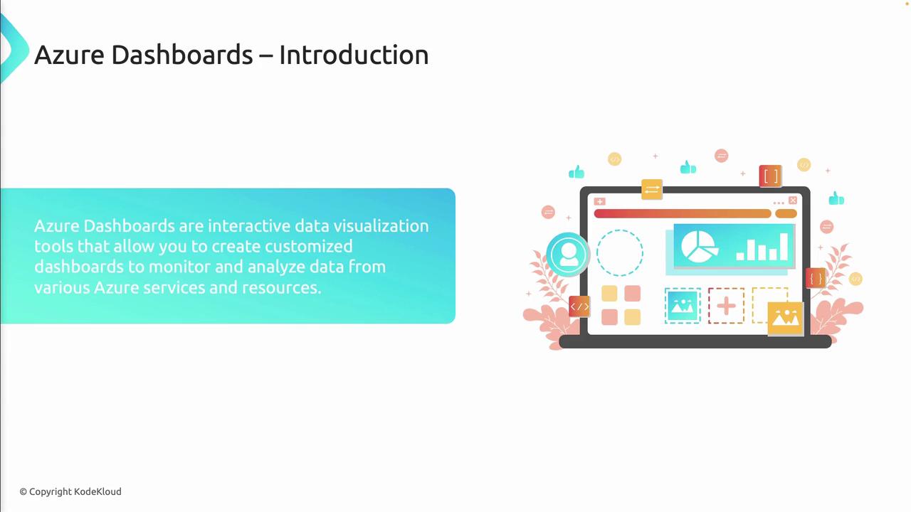 The image is an introduction to Azure Dashboards, featuring a description of their use as interactive data visualization tools, alongside an illustration of a computer screen displaying various data elements.