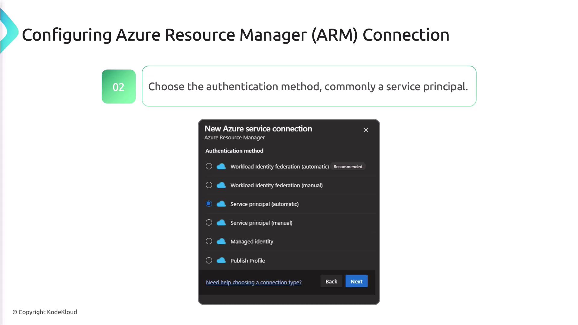 The image shows a configuration screen for setting up an Azure Resource Manager (ARM) connection, highlighting the selection of an authentication method, with options like service principal and workload identity federation.