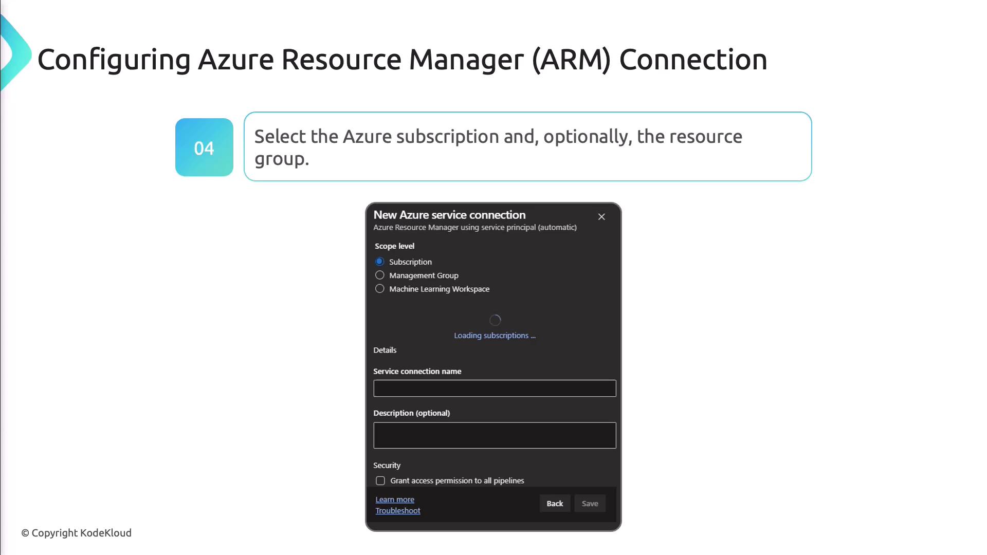 The image shows a step in configuring an Azure Resource Manager (ARM) connection, instructing to select the Azure subscription and optionally the resource group, with a screenshot of the "New Azure service connection" interface.