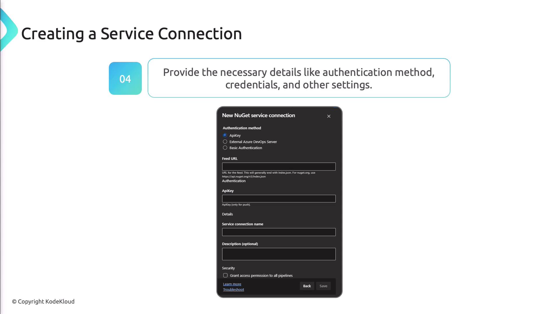 The image shows instructions for creating a service connection, highlighting the need to provide authentication methods, credentials, and other settings. It includes a form for setting up a new NuGet service connection with options for authentication methods and other details.