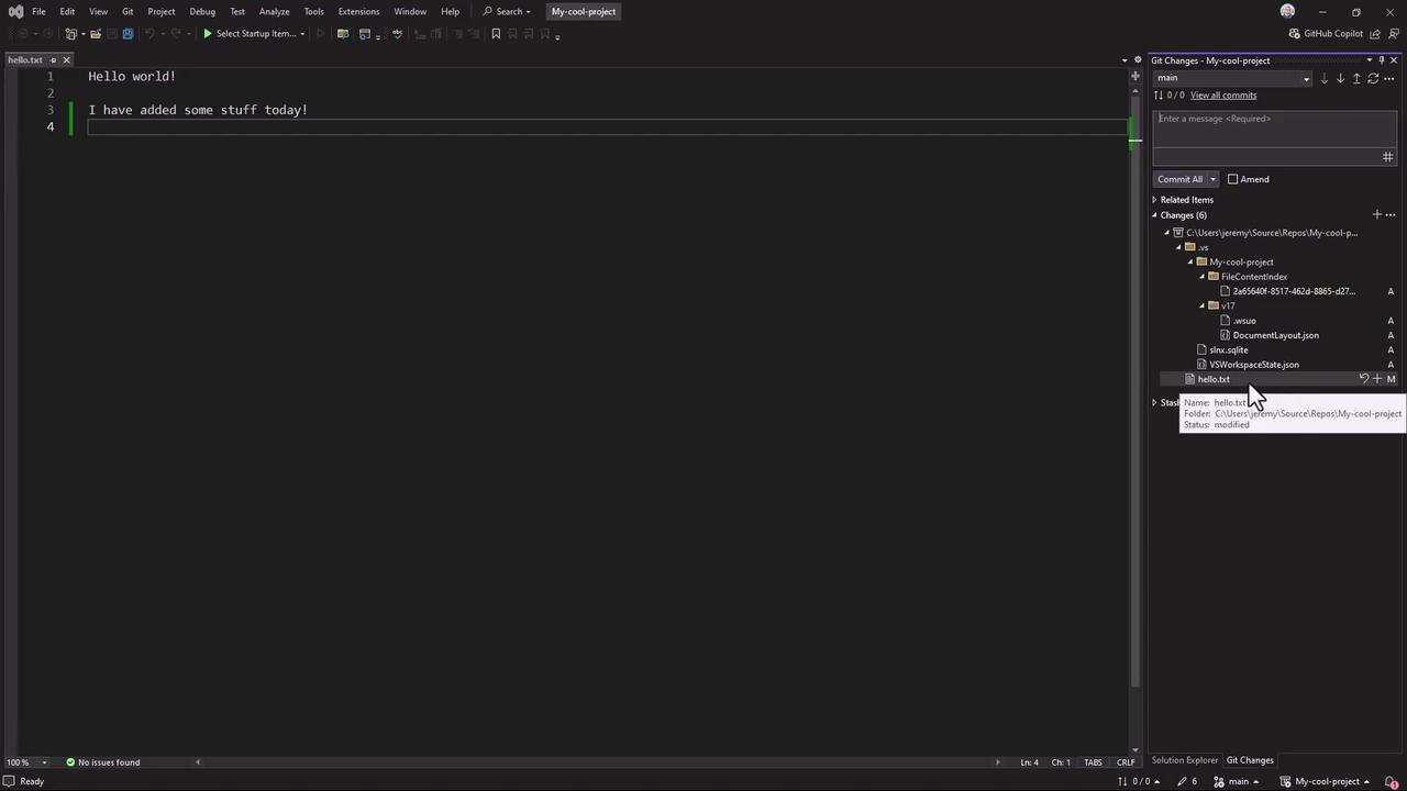 The image shows a code editor with a text file open, displaying the lines "Hello world!" and "I have added some stuff today!" on a dark theme. On the right, there's a Git changes panel showing a modified file named "hello.txt" in a project directory.