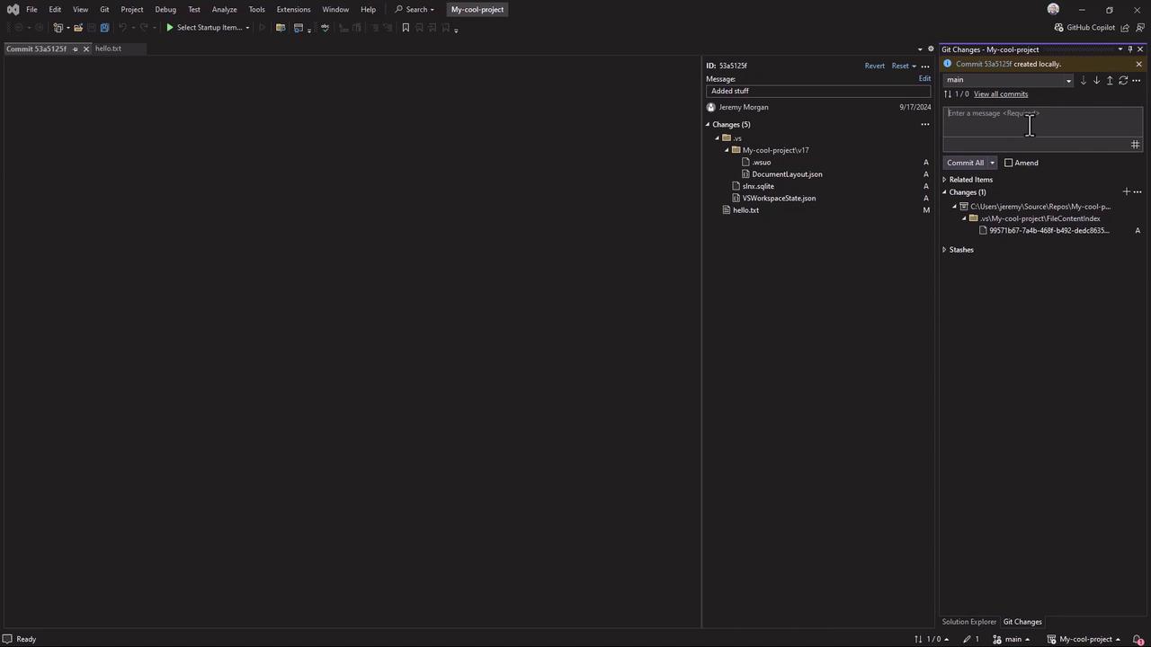 The image shows a Visual Studio interface with a project named "My-cool-project" open. It displays a Git Changes panel with a commit message and a list of changed files.