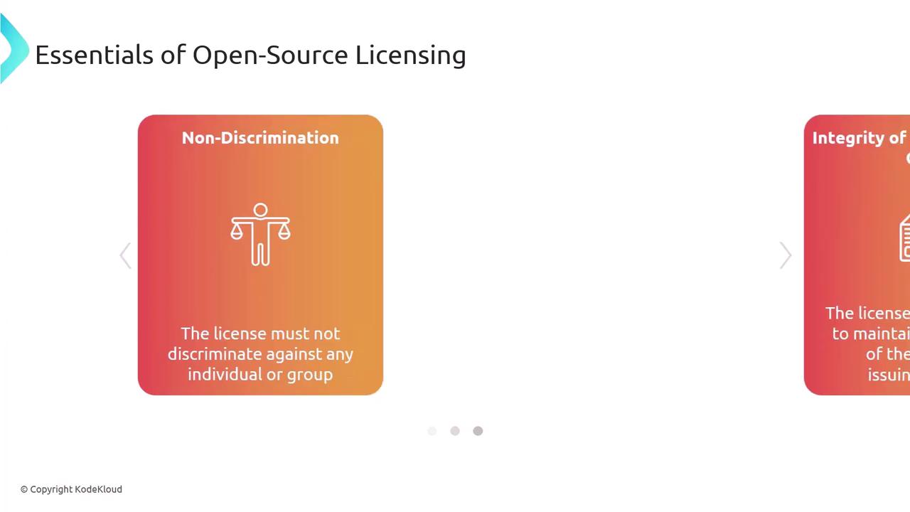 The image is a slide titled "Essentials of Open-Source Licensing," highlighting the principle of non-discrimination, stating that the license must not discriminate against any individual or group.