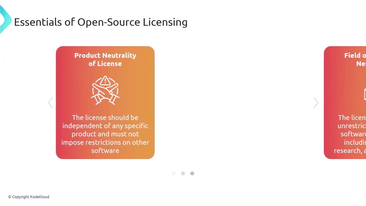 The image is a slide titled "Essentials of Open-Source Licensing," focusing on "Product Neutrality of License," which states that the license should be independent of any specific product and not impose restrictions on other software.