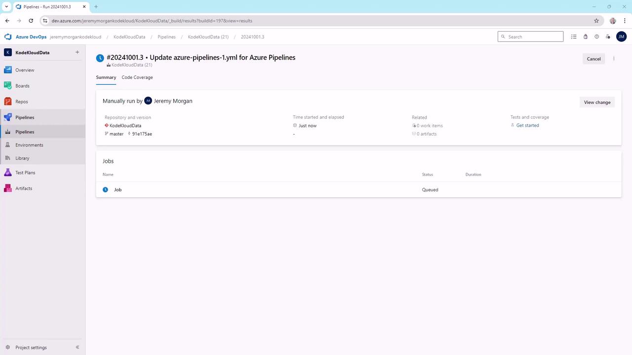 The image shows an Azure DevOps pipeline interface with a build summary for a YAML file update. It includes details like the repository, branch, and job status.