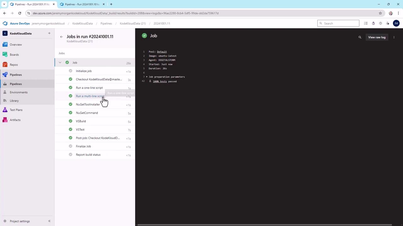 The image shows an Azure DevOps pipeline interface with a list of completed job tasks on the left and job details on the right, indicating successful test results.