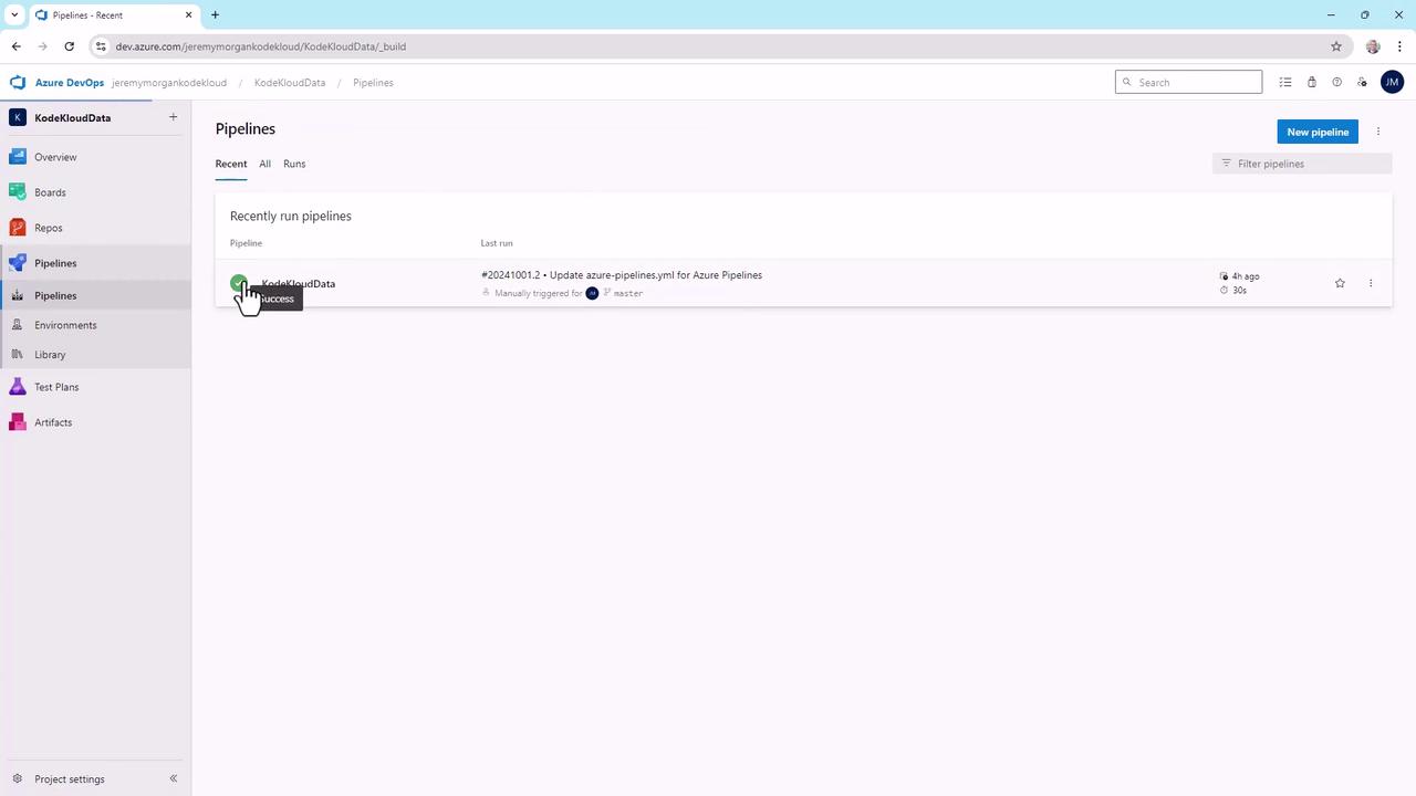 The image shows an Azure DevOps Pipelines interface with a list of recently run pipelines. One pipeline named "KodeKloudData" is highlighted, indicating a successful run.