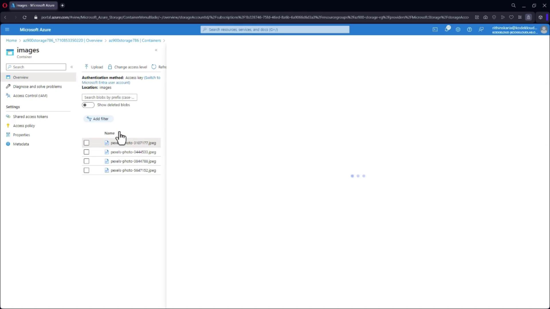 The image shows a Microsoft Azure portal interface displaying a storage container named "images" with a list of JPEG files. A cursor is hovering over the "Add filter" option.