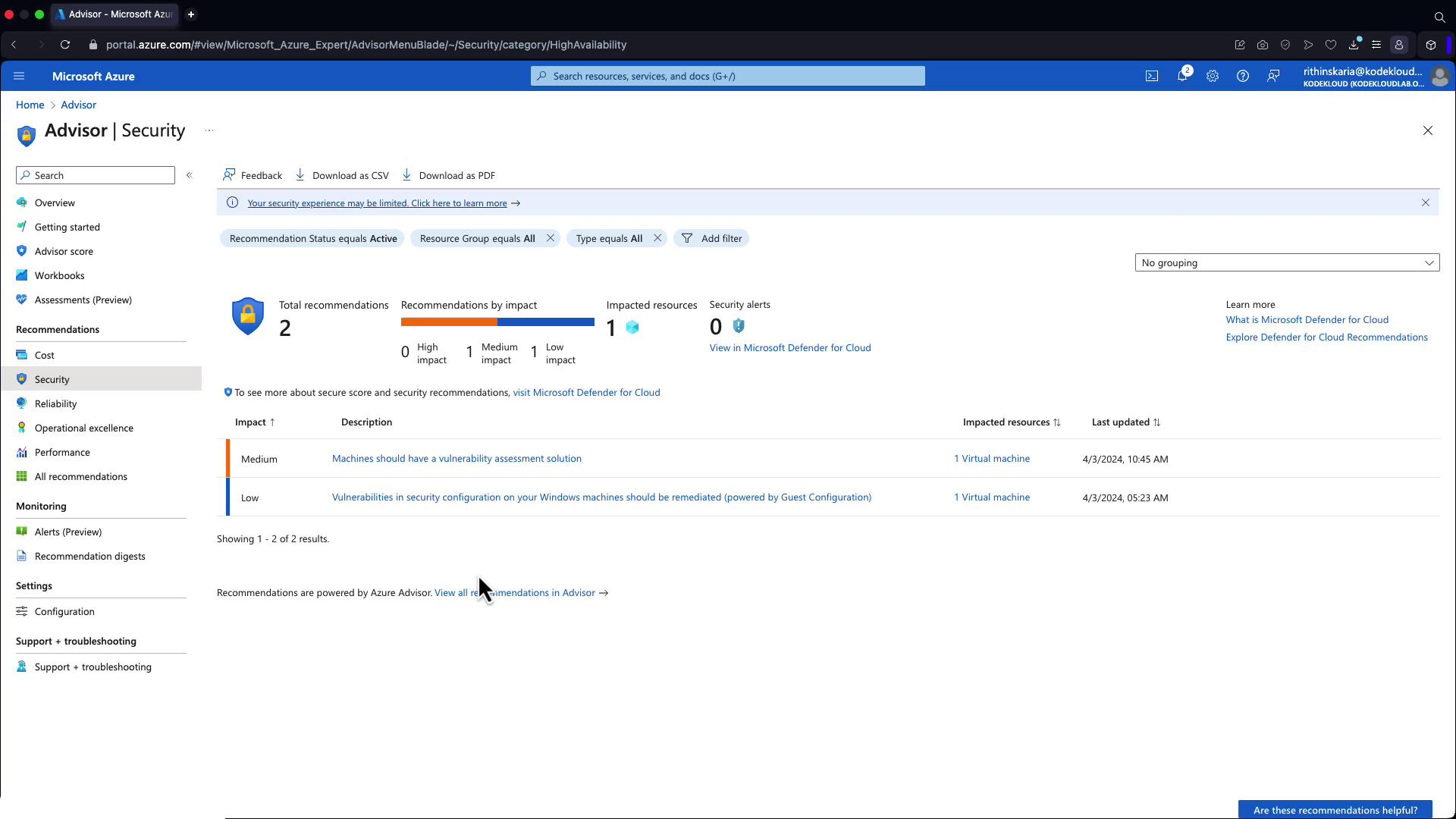 The image shows a Microsoft Azure Advisor Security dashboard with recommendations for improving security, including one medium and one low impact issue affecting virtual machines.