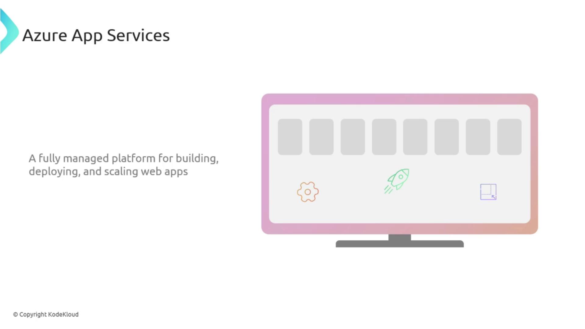 The image is an illustration of Azure App Services, described as a fully managed platform for building, deploying, and scaling web apps. It features a computer screen with icons representing settings, a rocket, and scaling.