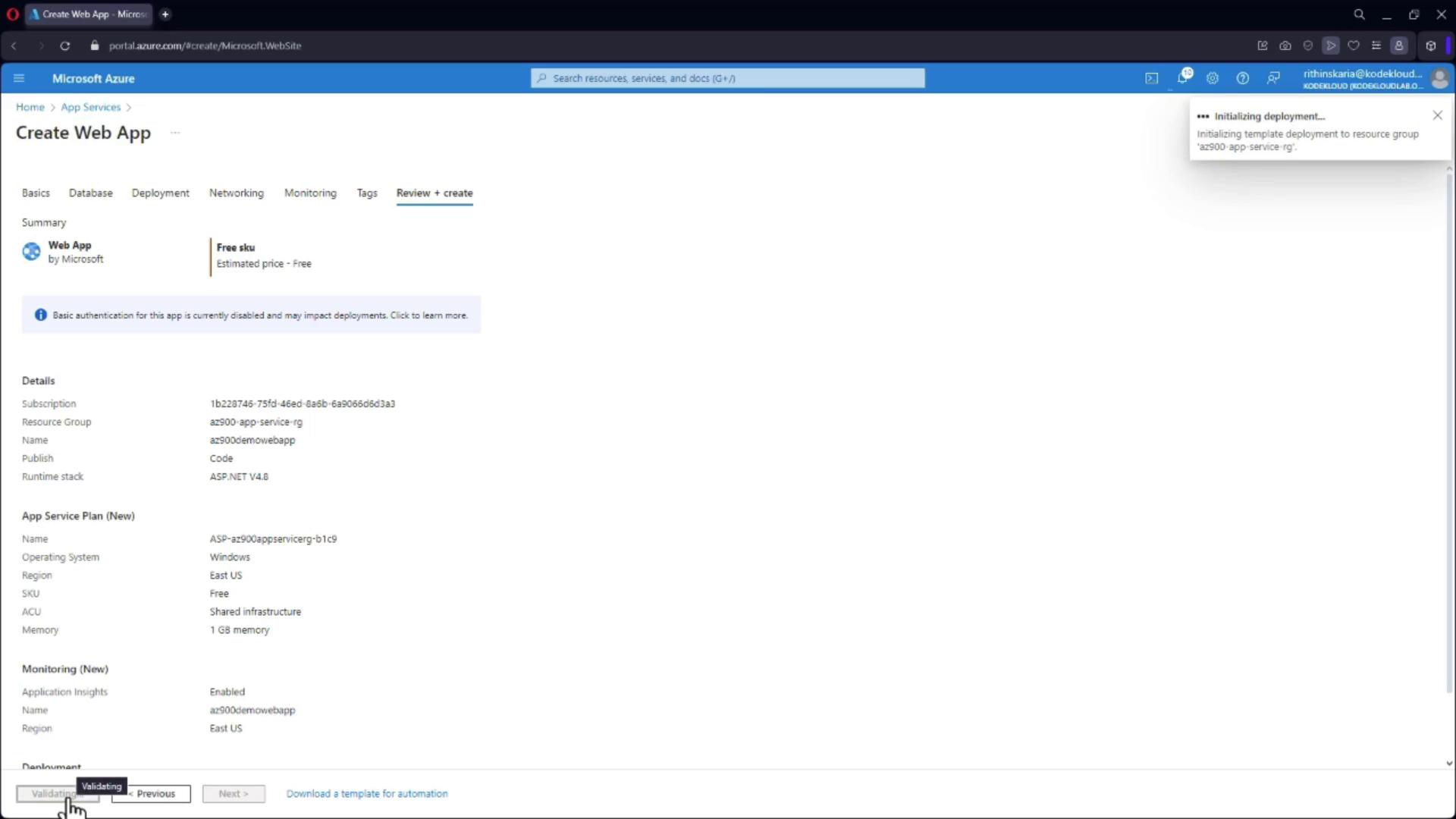 The image shows the "Create Web App" page on the Microsoft Azure portal, displaying details for setting up a web app, including subscription, resource group, and app service plan information.