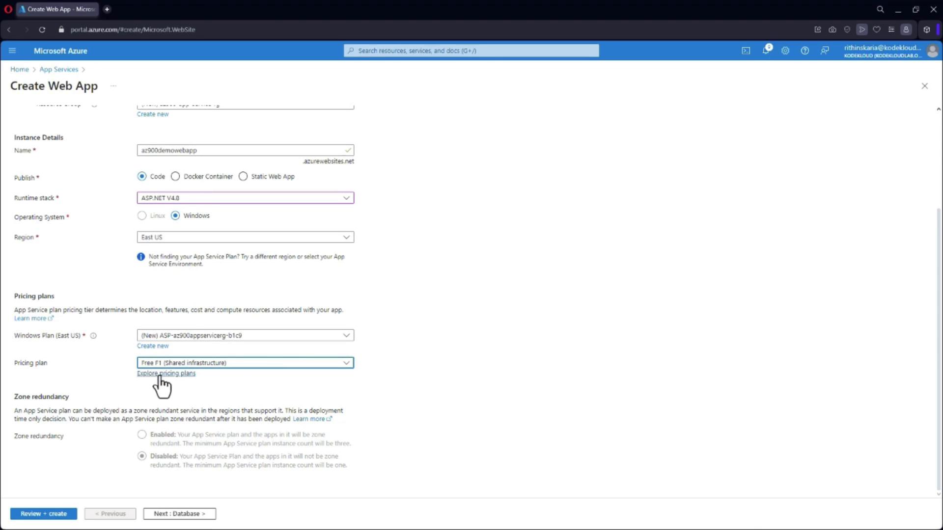 The image shows the "Create Web App" page on the Microsoft Azure portal, where various settings like instance details, runtime stack, operating system, and pricing plans are being configured.