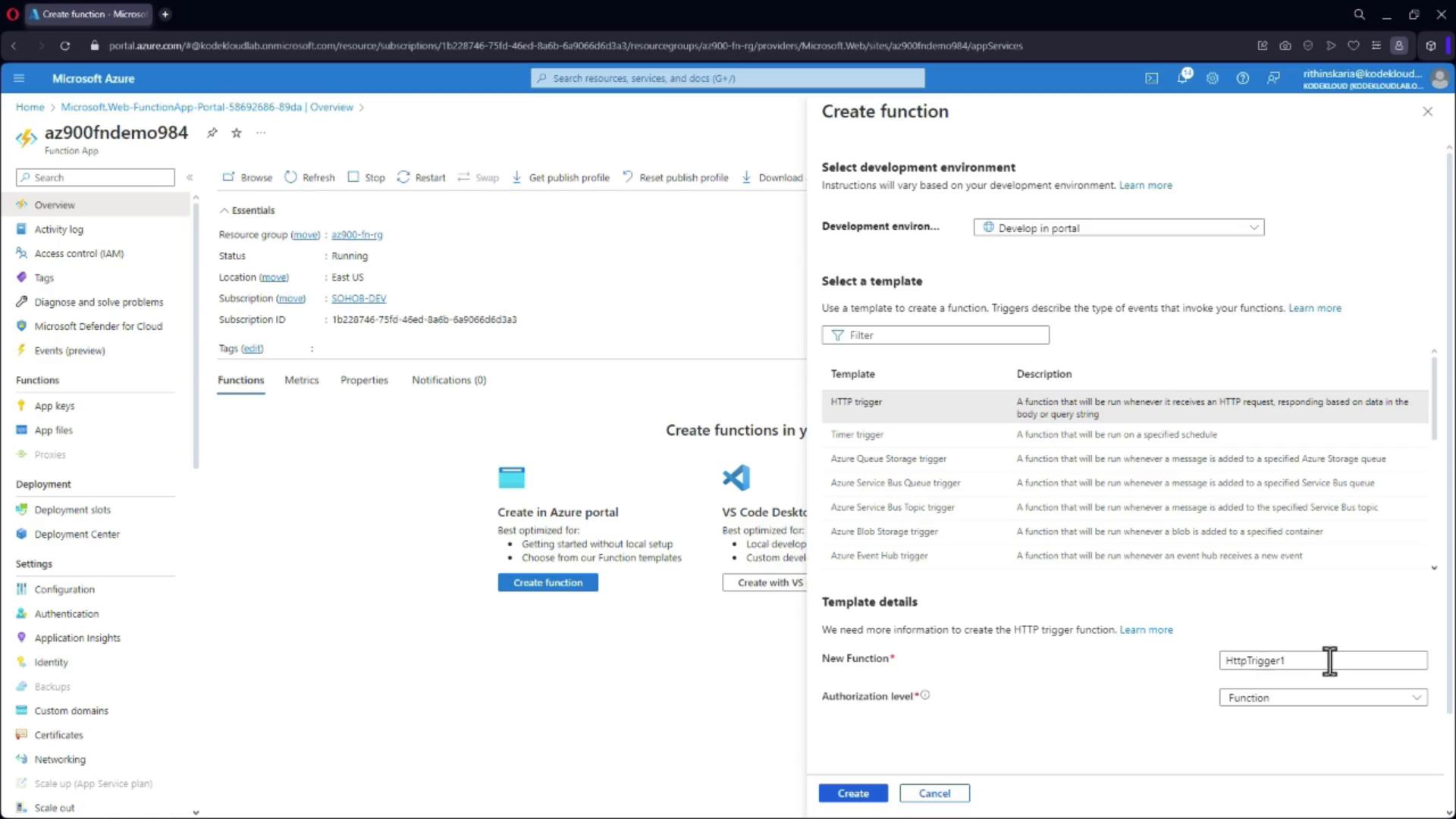 The image shows a Microsoft Azure portal interface where a user is creating a new function. The "Create Function" panel is open, displaying options for selecting a development environment and template, such as an HTTP trigger.