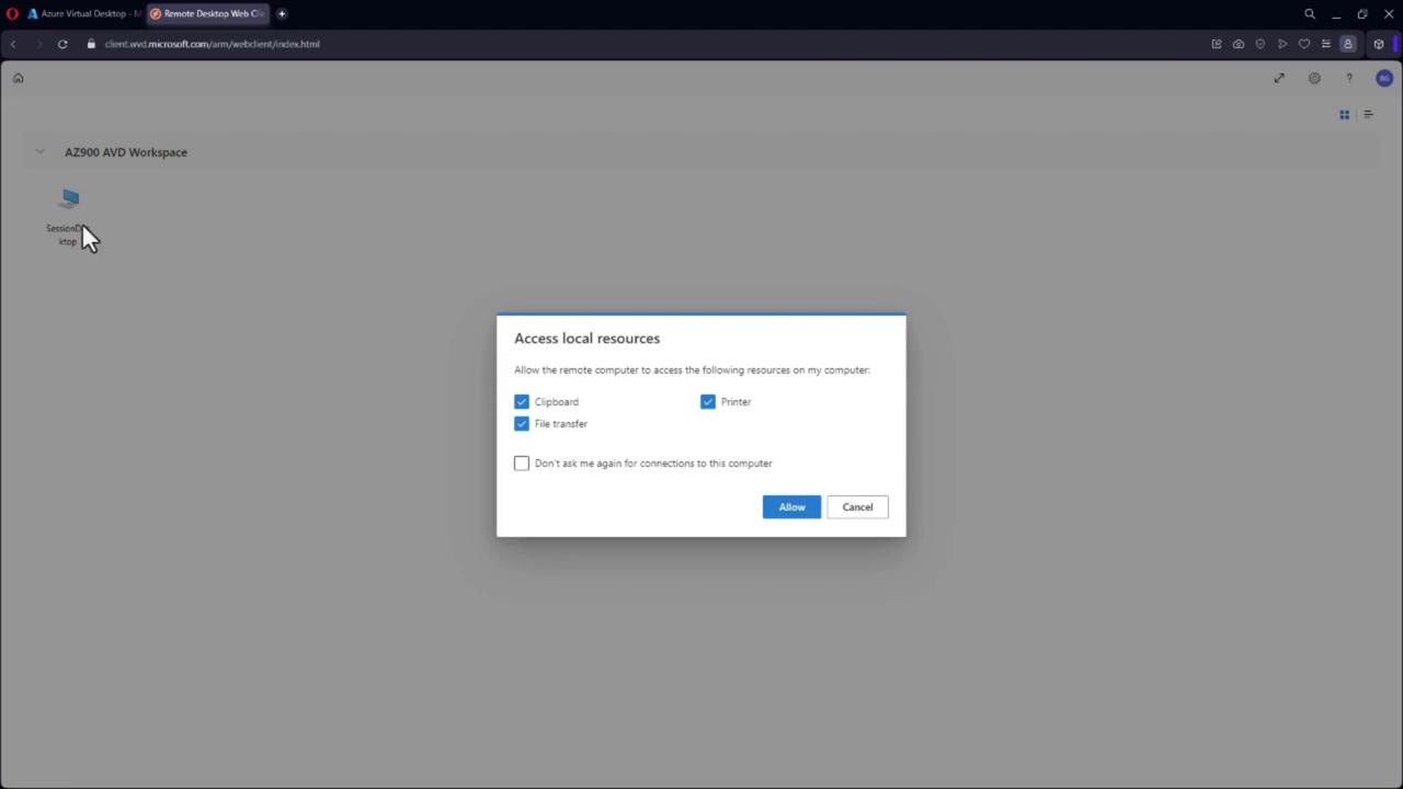The image shows a browser window with the Azure Virtual Desktop interface, displaying a prompt to allow access to local resources such as clipboard, printer, and file transfer.