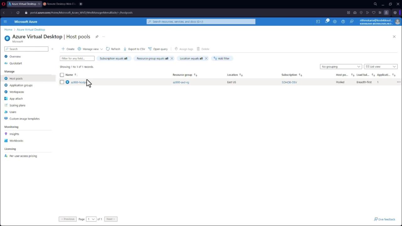 The image shows the Azure Virtual Desktop interface, specifically the "Host pools" section, displaying a list of host pools with details like name, resource group, location, and subscription.