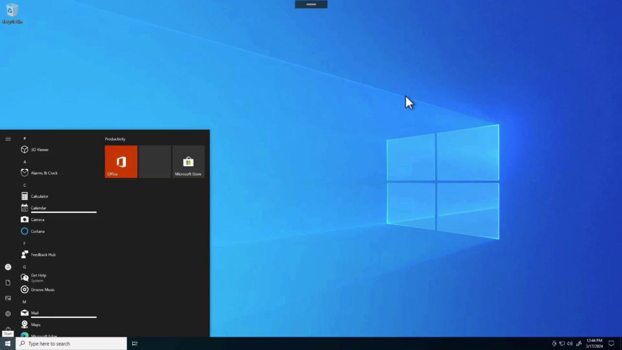 The image shows a Windows 10 desktop with the Start menu open, displaying various applications and a blue background with the Windows logo.