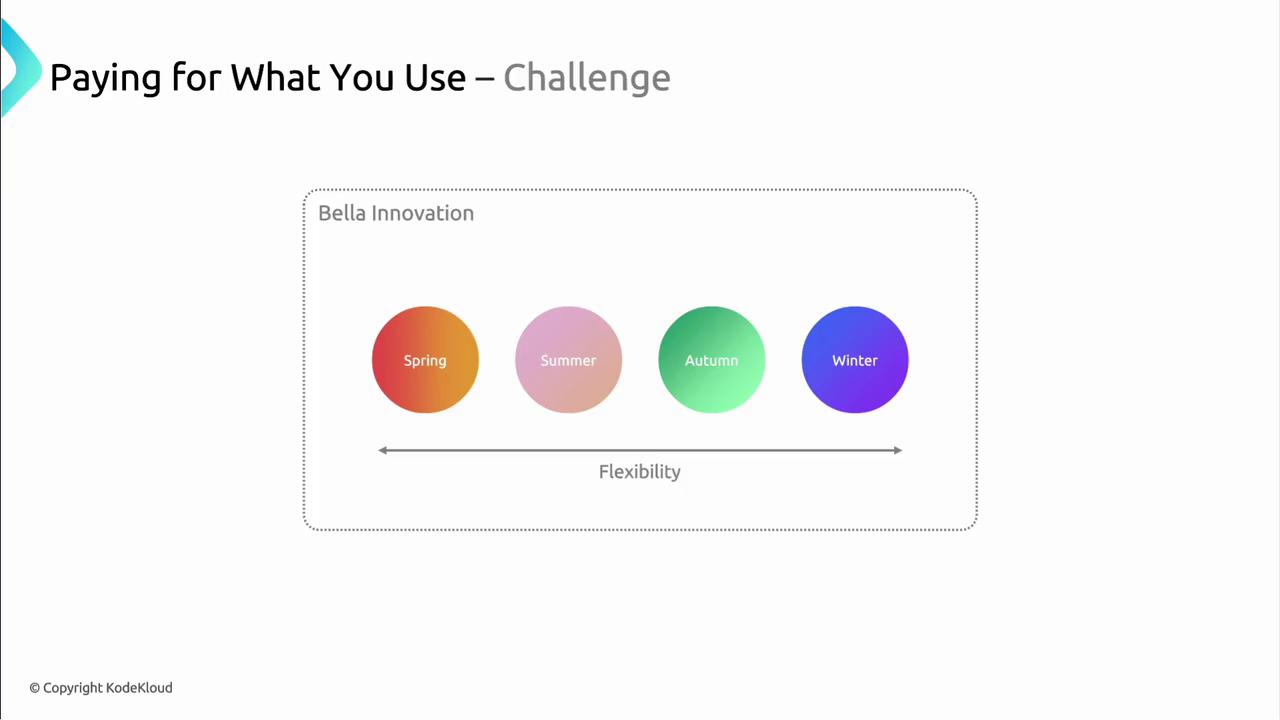 The image is a diagram titled "Paying for What You Use – Challenge," showing four colored circles labeled Spring, Summer, Autumn, and Winter, arranged in a row with an arrow labeled "Flexibility" beneath them.