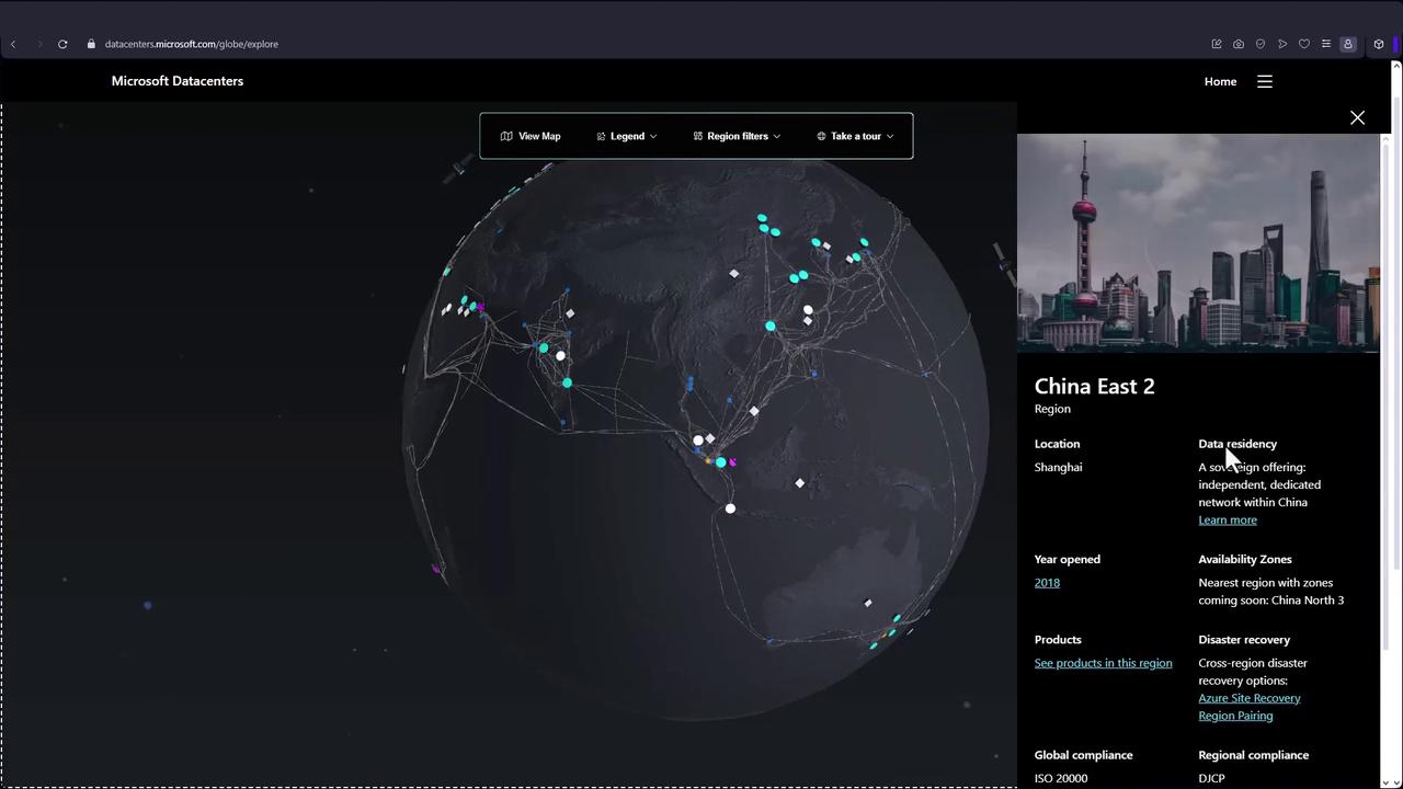 The image shows a digital globe with highlighted data center locations and a sidebar detailing information about the "China East 2" region, including its location in Shanghai and data residency details.