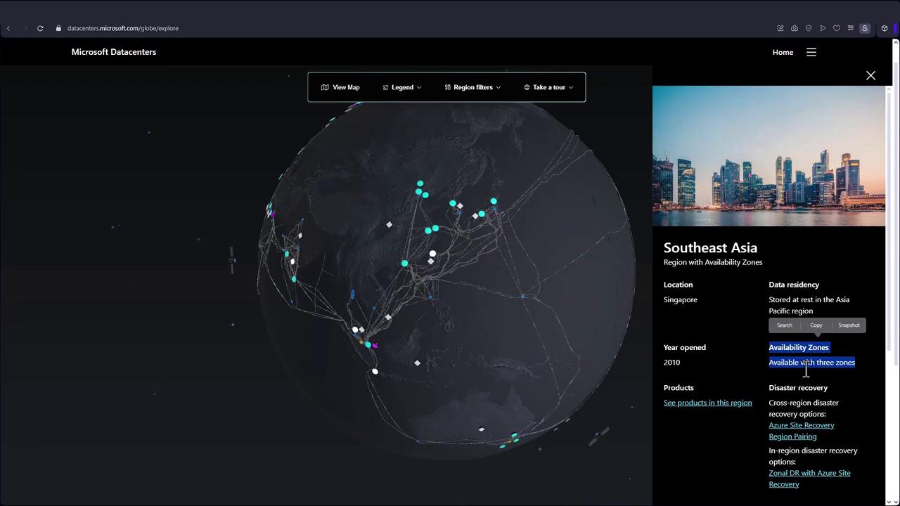 The image shows a digital globe with highlighted data center locations and network connections, alongside information about Microsoft's Southeast Asia data center region in Singapore.