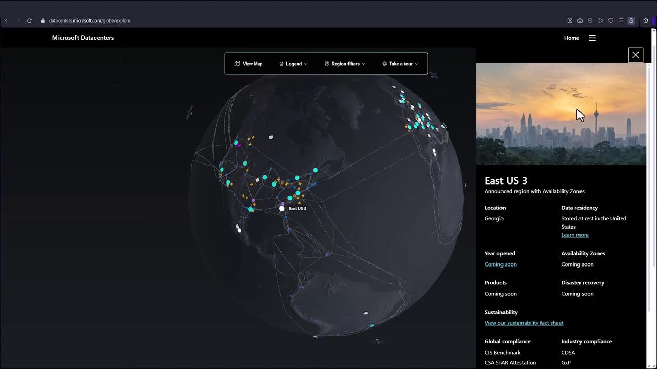 The image shows a digital globe with highlighted data center locations and a sidebar detailing information about the "East US 3" data center region, including its location in Georgia and data residency details.