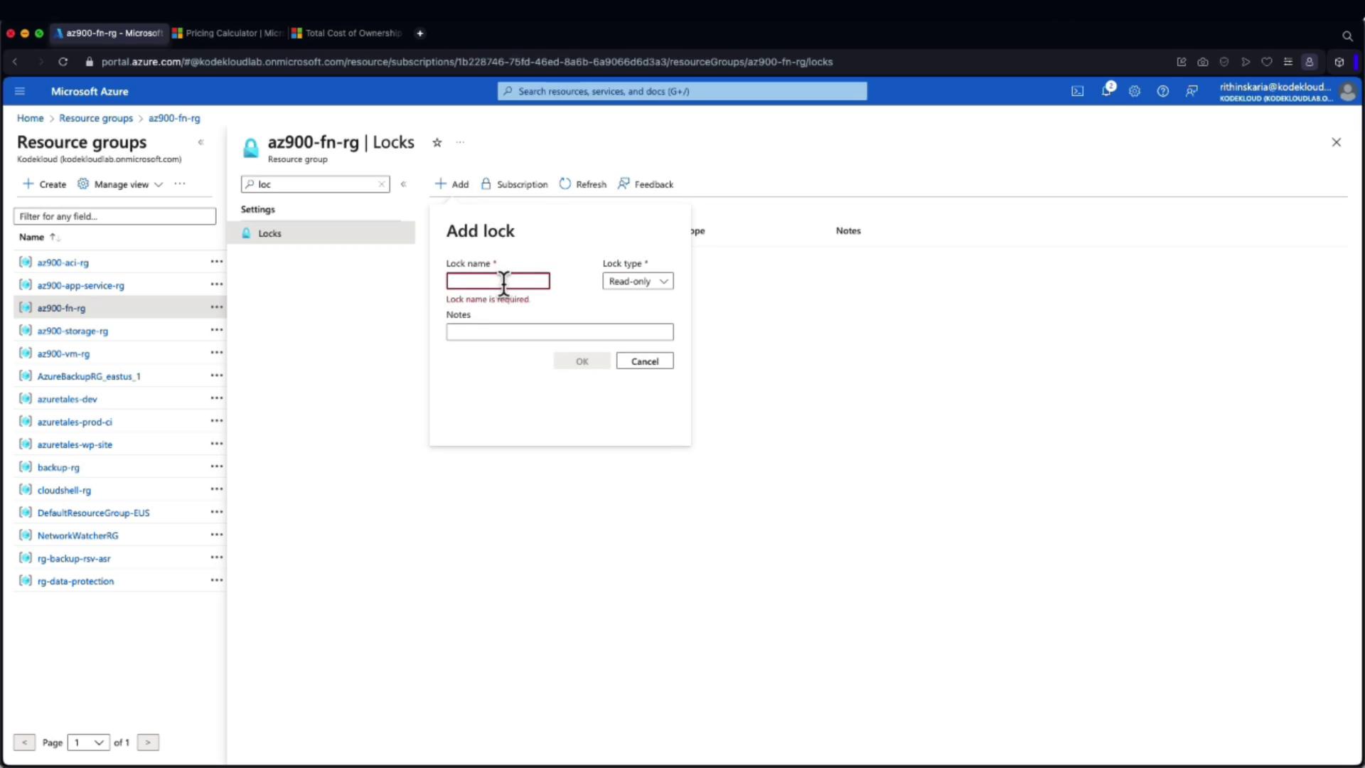 The image shows a Microsoft Azure portal interface where a user is adding a lock to a resource group named "az900-fn-rg." The "Add lock" dialog box is open, requiring a lock name and type.