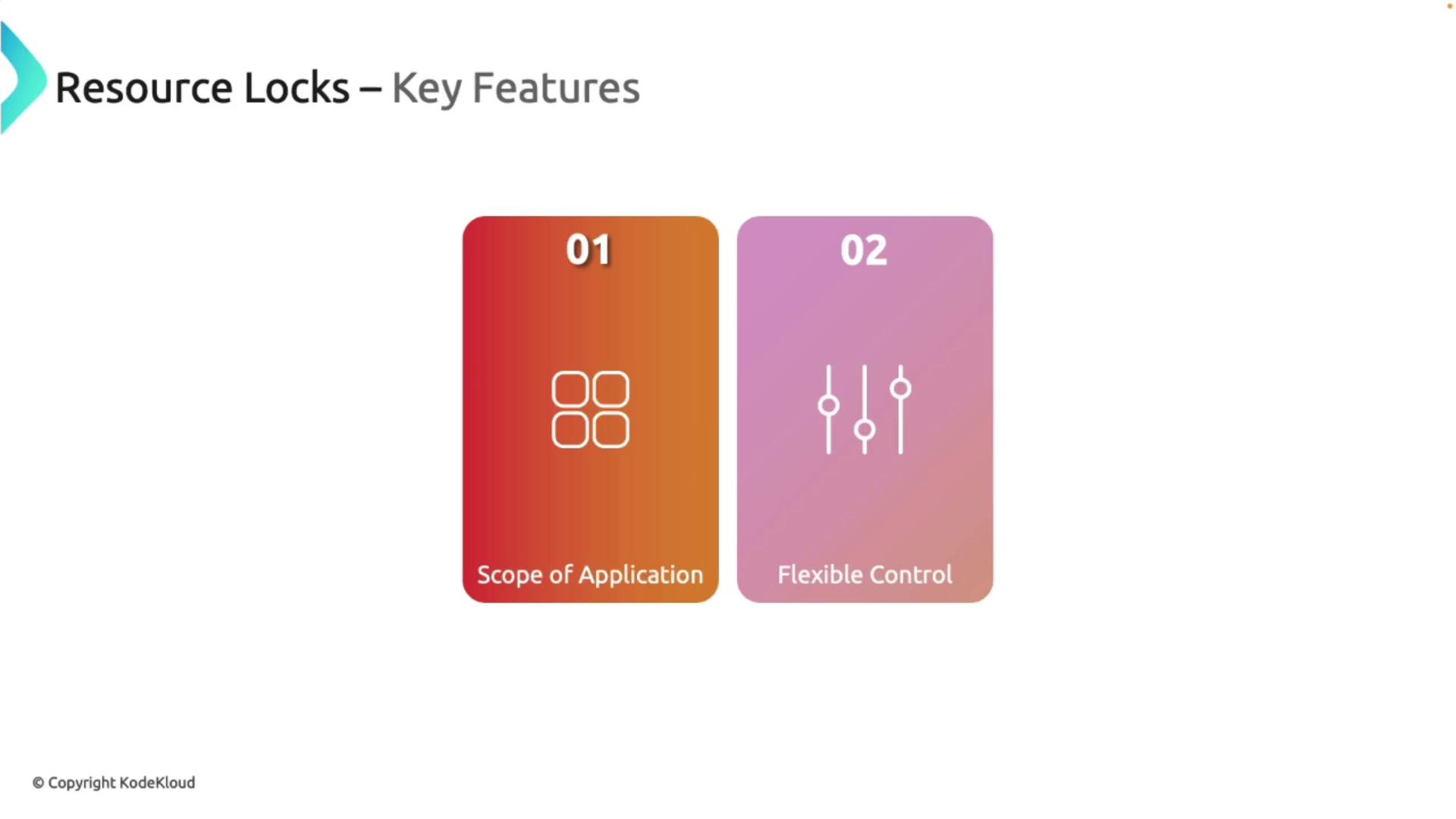 The image shows two key features of resource locks: "Scope of Application" and "Flexible Control," each represented by a colored card with icons.