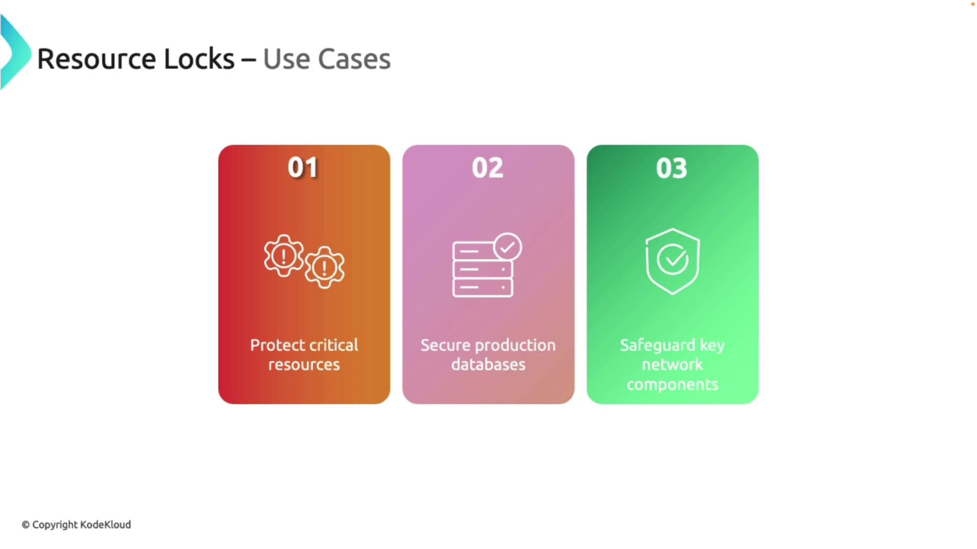 The image illustrates three use cases for resource locks: protecting critical resources, securing production databases, and safeguarding key network components.
