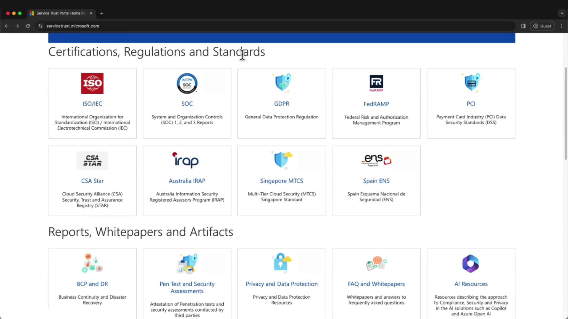The image shows a webpage from Microsoft's Service Trust Portal, listing various certifications, regulations, and standards such as ISO/IEC, SOC, GDPR, and FedRAMP, along with sections for reports, whitepapers, and artifacts.