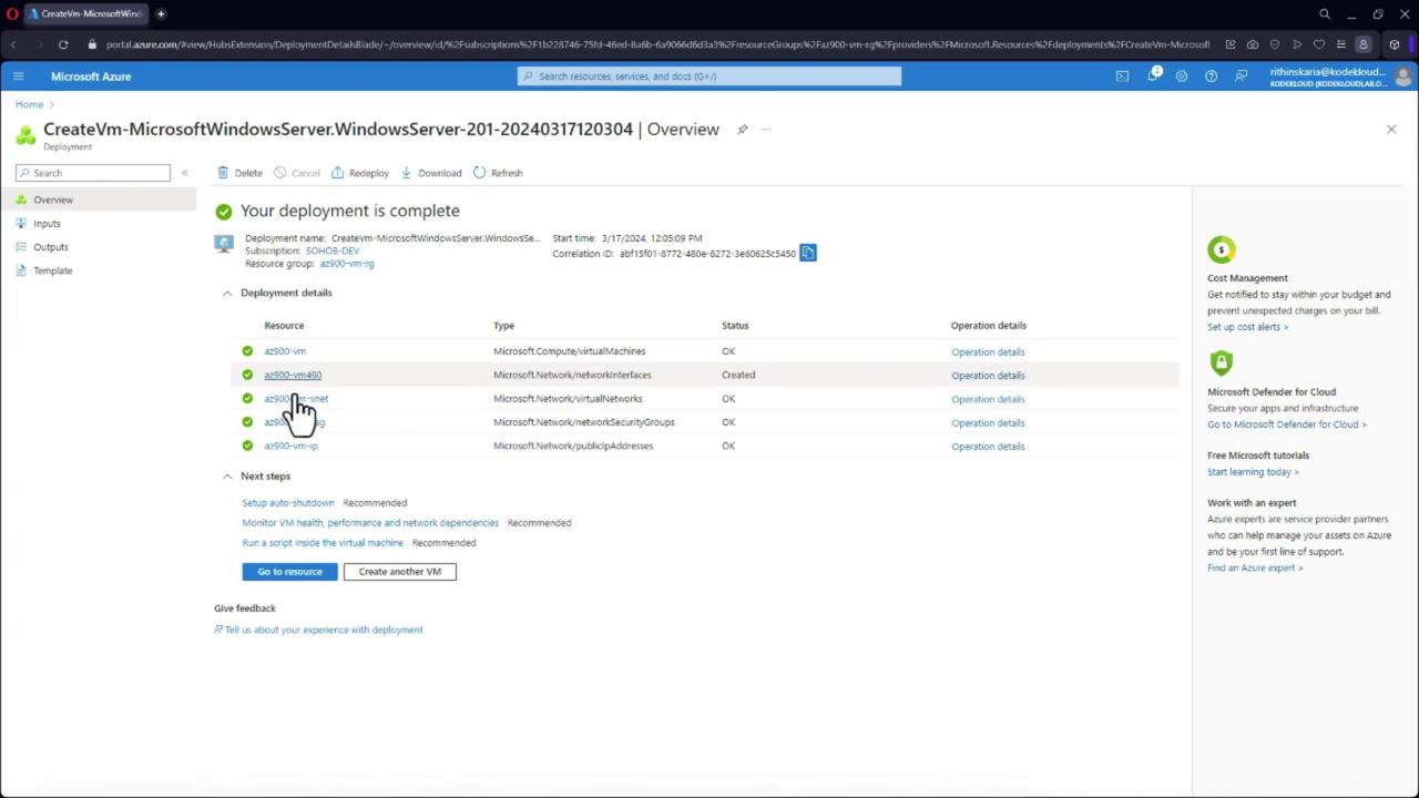 The image shows a Microsoft Azure portal screen indicating that a virtual machine deployment is complete. It lists deployment details, including resources, types, and statuses, with options for next steps.