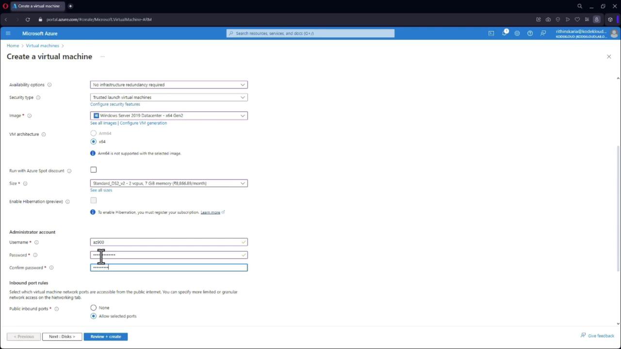 The image shows a Microsoft Azure portal interface for creating a virtual machine, with options for availability, security, image selection, VM architecture, size, and administrator account setup.