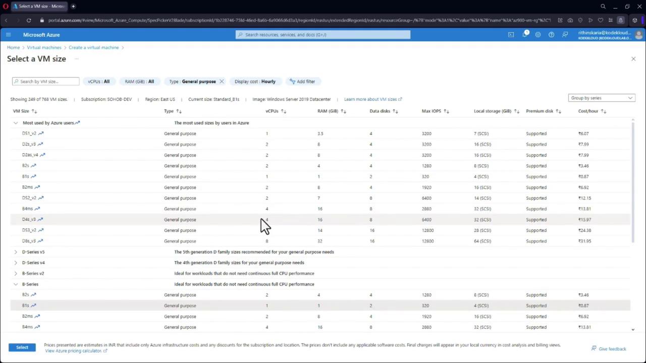 The image shows a Microsoft Azure portal interface for selecting a virtual machine size, displaying various VM options with details like vCPUs, RAM, data disks, and cost per hour.