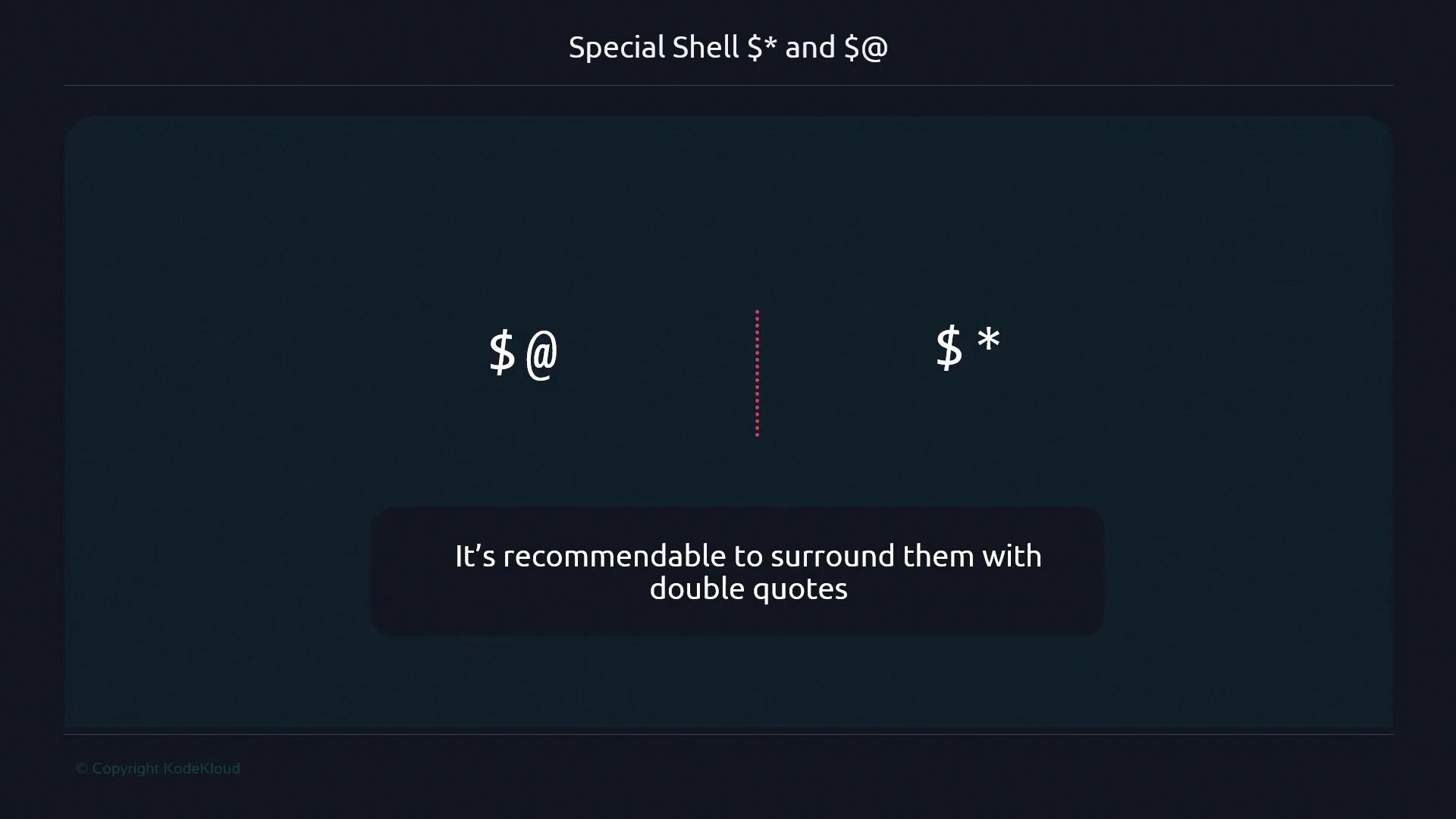 The image shows a comparison between special shell variables `$@` and `$*`, with a recommendation to surround them with double quotes.